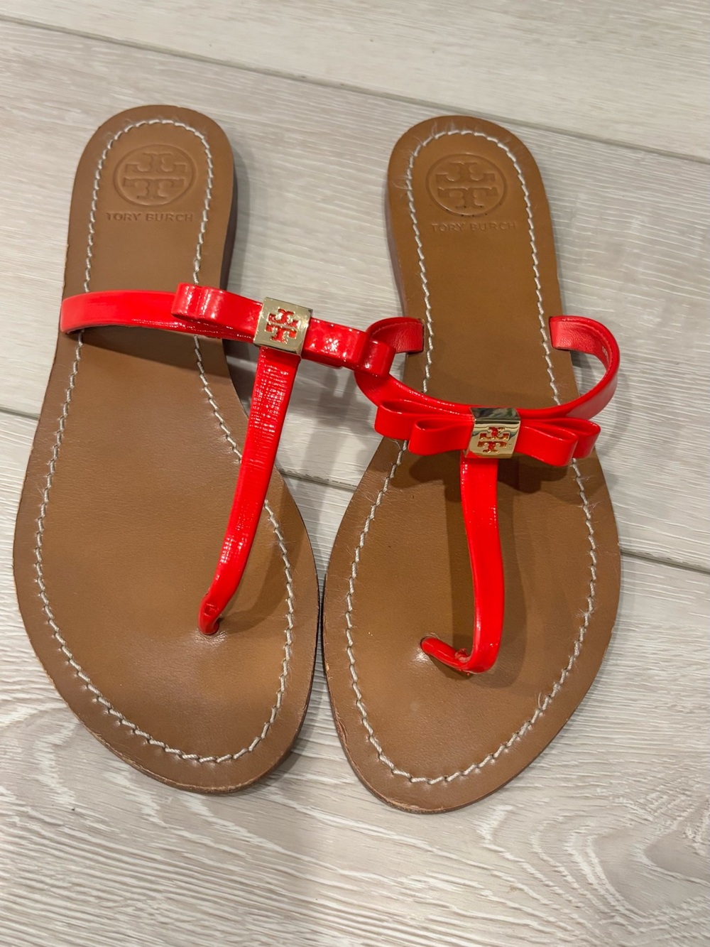 Tory Burch Red Patent Bow Thong Sandals